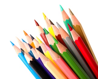 Different color pencils on white background. School stationery