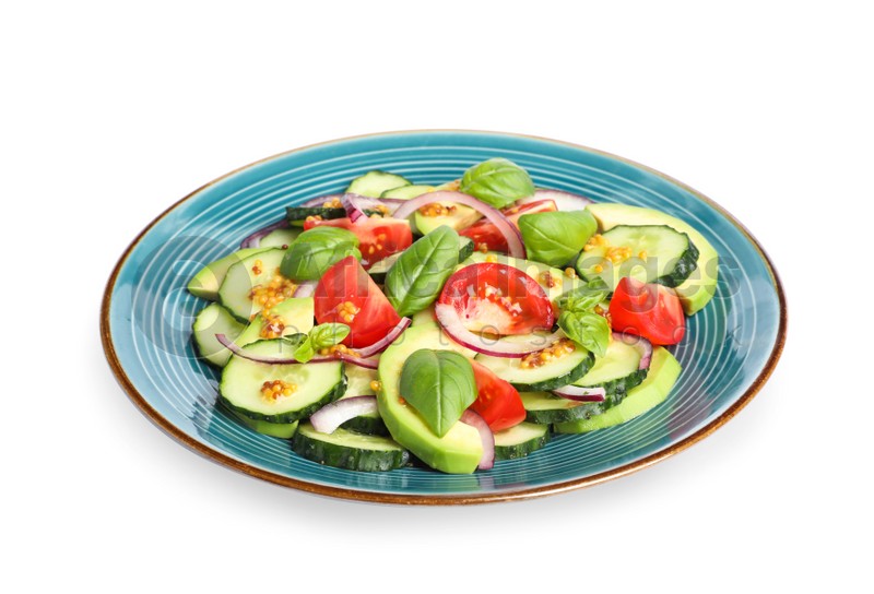Delicious salad with cucumbers isolated on white