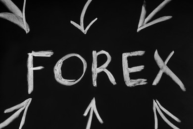 Photo of Word Forex and drawn arrows on black chalkboard, top view