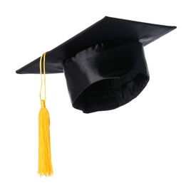 Graduation hat with gold tassel isolated on white
