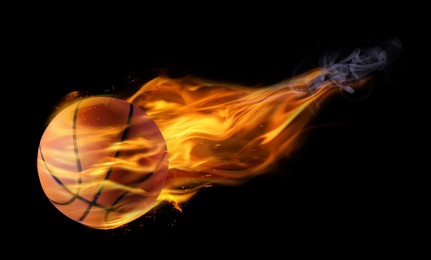 Basketball ball with bright flame on black background. Banner design