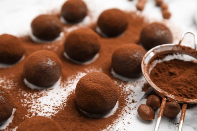 Delicious chocolate truffles with cocoa powder and hazelnuts on white table, closeup