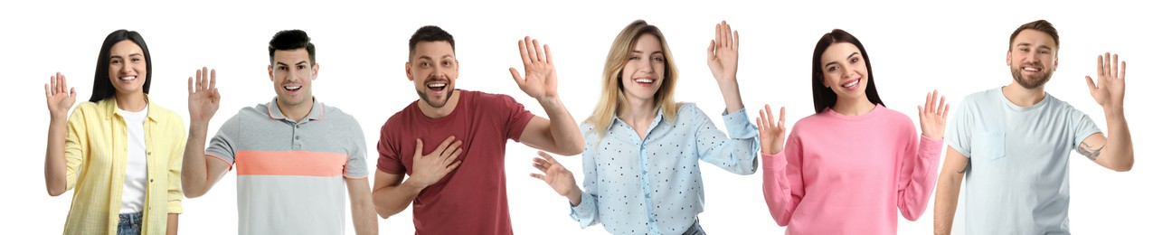 Image of Collage with photos of cheerful people showing hello gesture on white background. Banner design