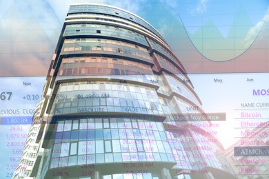 Double exposure of online trading platform and building in city center. Stock exchange 