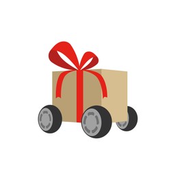 Image of Gift box on wheels. Illustration on white background. Delivery service