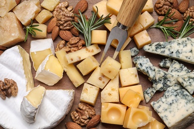 Cheese plate with rosemary and nuts on wooden board, top view