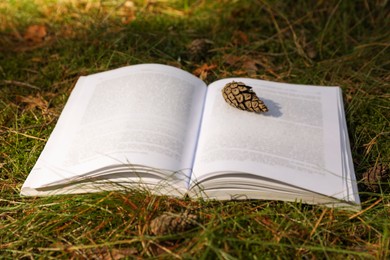 Open book and cone on grass outdoors