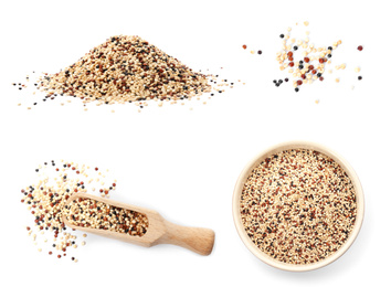 Set of raw mixed quinoa on white background