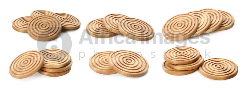 Set with stylish wooden cup coasters on white background. Banner design