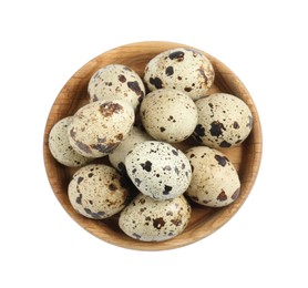 Wooden plate with quail eggs isolated on white, top view