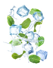 Ice cubes and green mint leaves with water splashes on white background