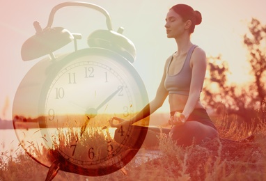 Time to do morning exercises. Double exposure of woman practicing yoga outdoors and alarm clock, color toned