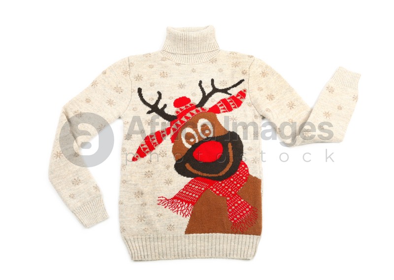 Photo of Warm Christmas sweater isolated on white, top view