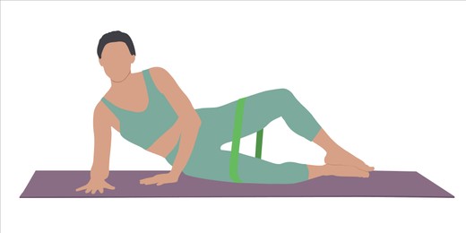 Woman doing exercise with fitness elastic band on white background. Vector illustration