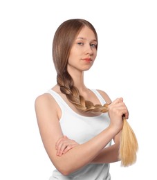 Teenage girl with strong healthy braided hair on white background