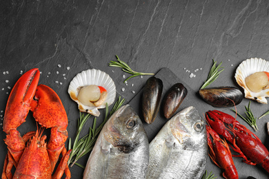 Fresh fish and different seafood on black table, flat lay