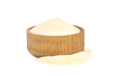 Gelatin powder and wooden bowl on white background