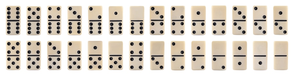 Collection of classic domino tiles on white background, banner design