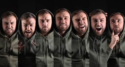 Young man expressing different emotions on black background, collage. Personality concept