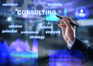Consulting concept. Businessman on blurred background, closeup