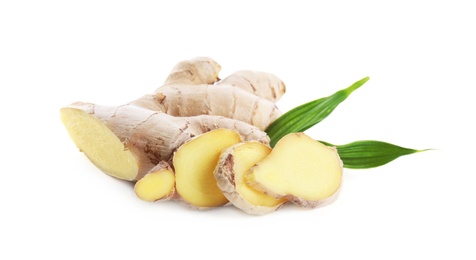 Cut fresh ginger with leaves isolated on white background