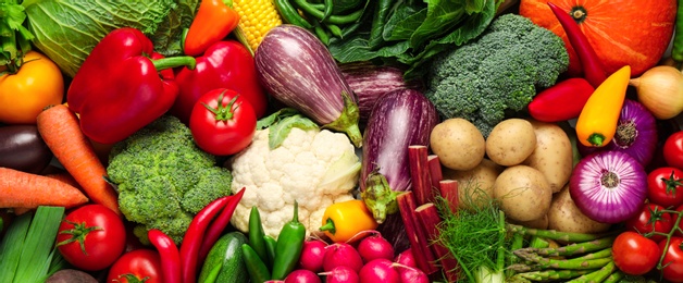 Many fresh different vegetables as background, top view. Banner design 