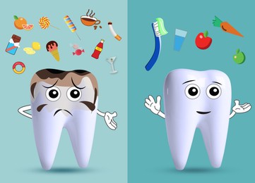 Healthy and unhealthy teeth and different products on turquoise background, illustration. Dental care