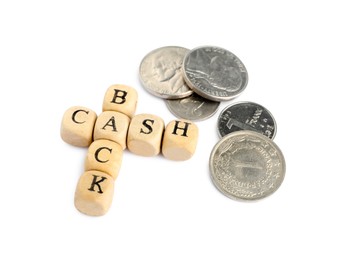 Wooden cubes with words Cash Back and coins on white background