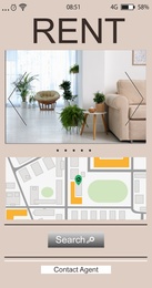 Image of Property search agency application. Rental information: photo of living room and map with address point