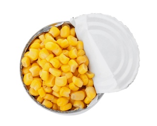 Tin can with conserved corn on white background, top view