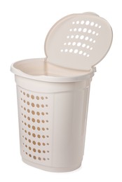 Photo of Open empty laundry basket isolated on white