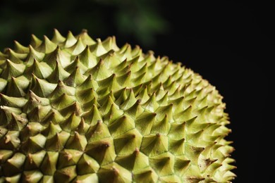 Closeup view of ripe durian on blurred background