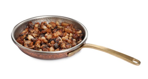Tasty cracklings in frying pan isolated on white. Cooked pork lard