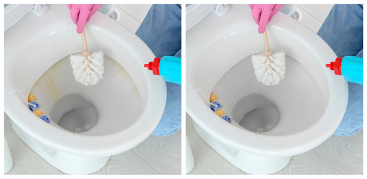Woman cleaning toilet bowl with brush and detergent in bathroom, closeup. Before and after 