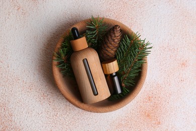 Bowl with bottles of aromatic essential oil, pine branches and cone on color table, top view