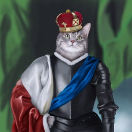 Cute cat dressed like royal person against green background