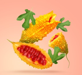 Image of Delicious ripe bitter melons and leaves falling on coral background