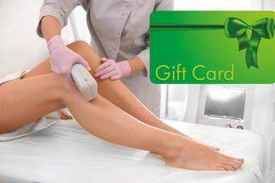 Image of Beauty salon gift card. Young woman undergoing laser hair removal procedure, closeup