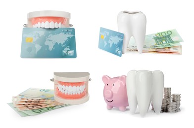 Set with educational dental models and money on white background. Expensive teeth treatment
