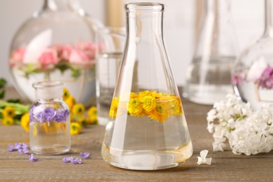 Laboratory glassware with flowers on wooden table. Extracting essential oil for perfumery and cosmetics