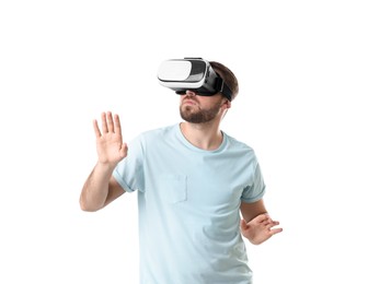 Man using virtual reality headset on white background