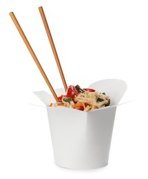 Box of vegetarian wok noodles with chopsticks isolated on white