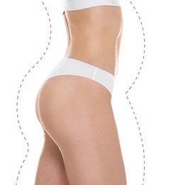 Slim woman in underwear after weight loss on white background. Healthy diet