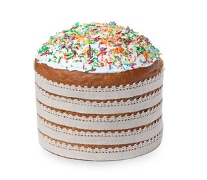Photo of Traditional Easter cake with sprinkles on white background