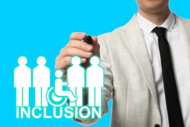 Concept of DEI - Diversity, Equality, Inclusion. Businessman pointing at virtual image of people and person with disability on turquoise background