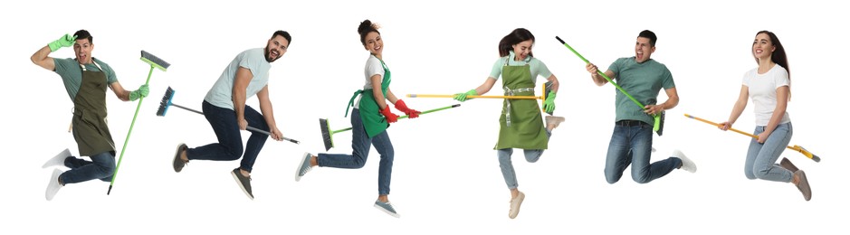 Collage with photos of happy people with brooms on white background. Banner design