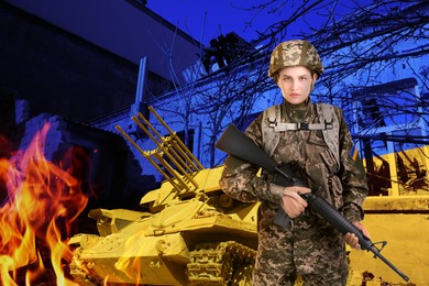 Stop war in Ukraine. Female defender and military tank near destroyed building outdoors, toned in colors of Ukrainian flag