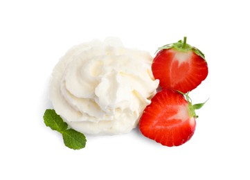 Sliced strawberry with whipped cream and mint on white background, top view