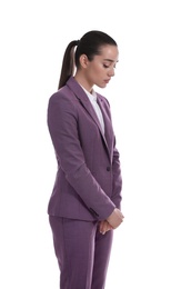 Upset woman in suit on white background