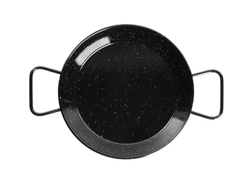 New wok pan isolated on white, top view. Cooking utensil